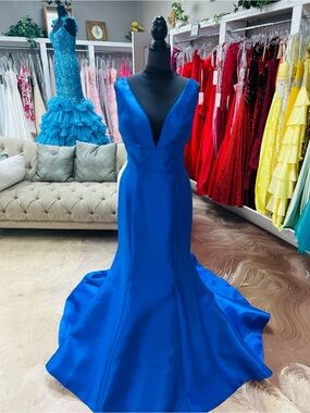 Sherri Hill Bold Cobalt Blue V-Neck Satin Gown